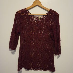 Womens Lace Sheer Maroon Top sz XL